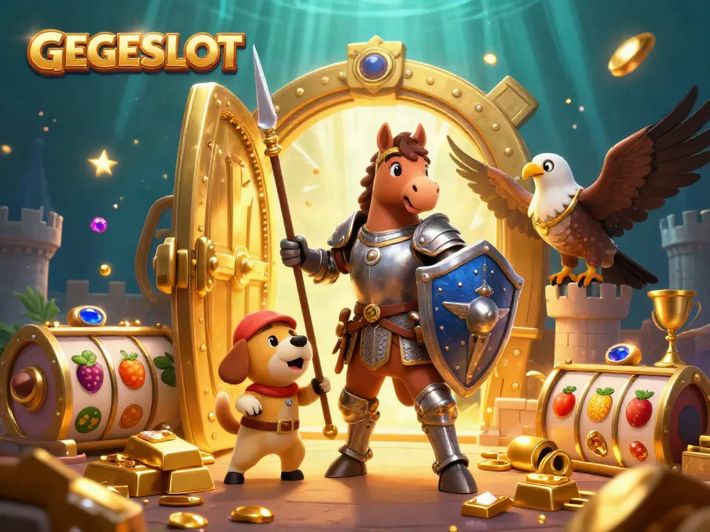 Experience the thrill of GEGESLOT with a knight, squire, and falcon amidst treasures and slot elements.