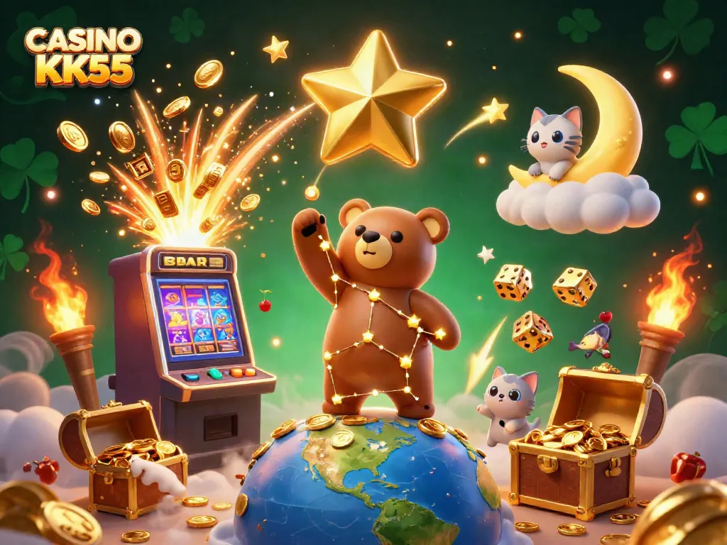Experience the excitement of CASINO KK55 with a captivating scene featuring a constellation bear, coins, and vibrant casino game elements.