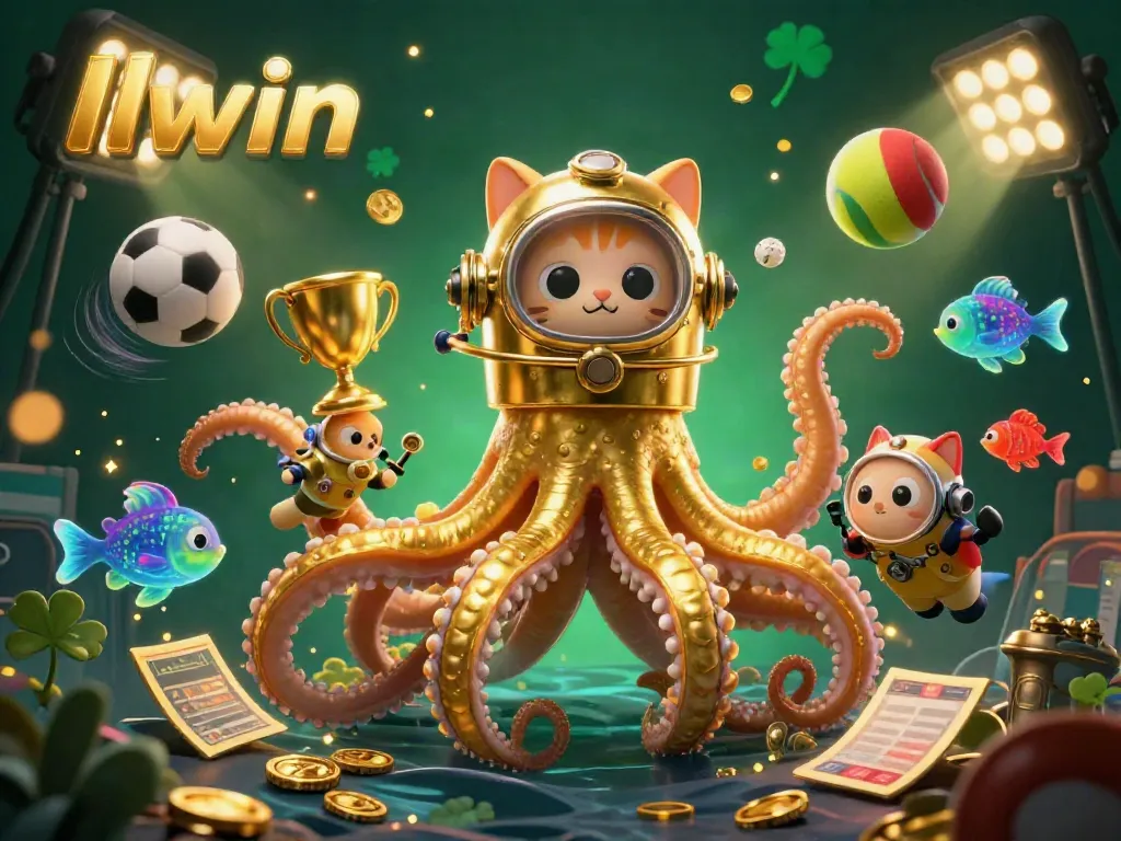 Experience thrilling gameplay at llwin as a colossal kraken emerges amidst vibrant sports elements in a dynamic casino scene.