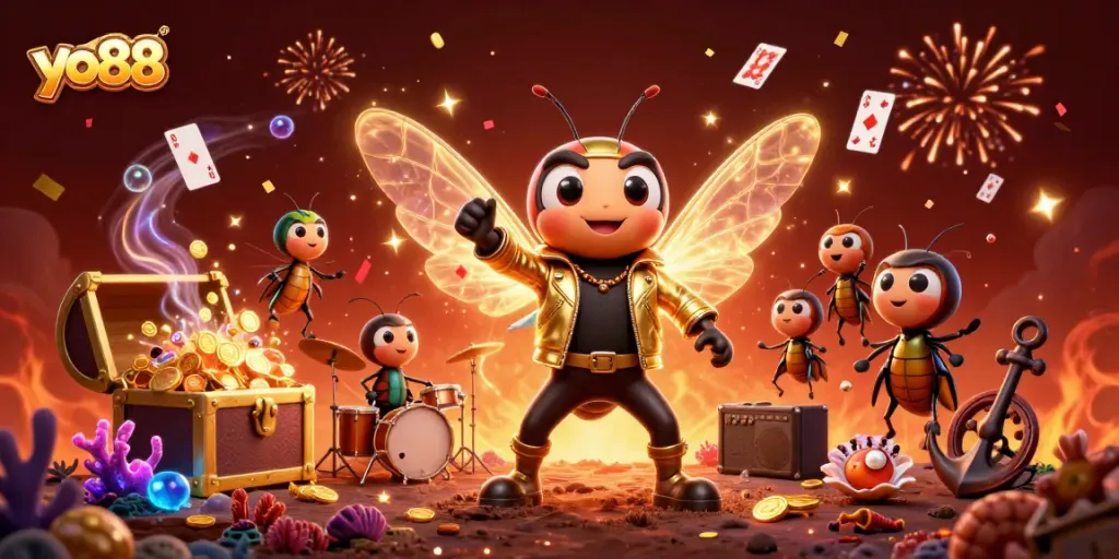 Spin and win at yo88 with an electrifying 3D casino-themed rock star scene filled with gems and triumph.