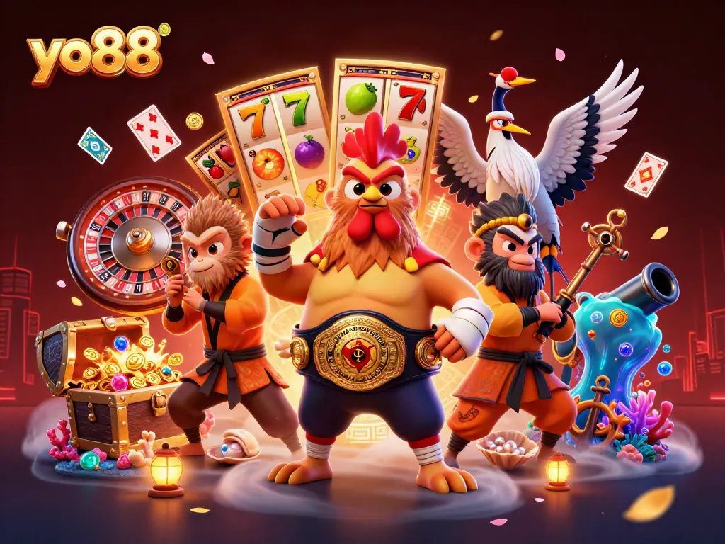 Engage with yo88's vibrant casino elements featuring iconic characters and thrilling slot games.