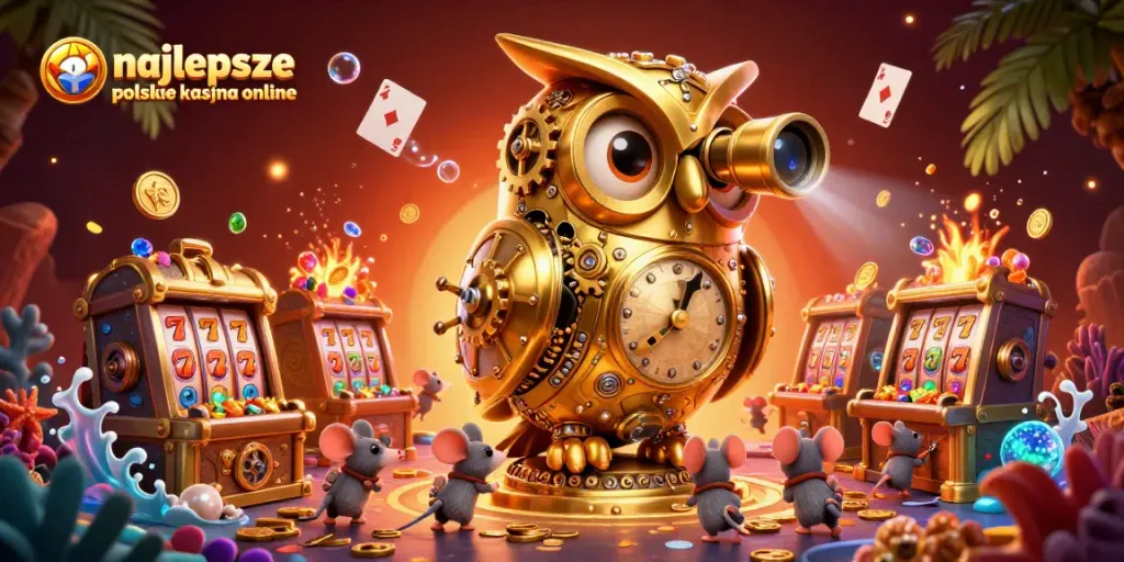 Experience the excitement of najlepsze polskie kasyna online with a dynamic 3D illustration featuring a golden owl and vibrant casino elements.
