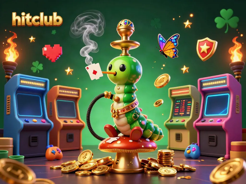 Engage with hitclub's vibrant gaming scene featuring an animated caterpillar hookah-master amidst neon arcade elements and casino aesthetics.