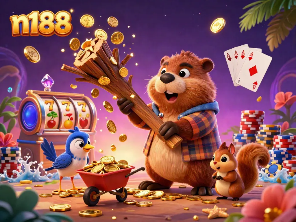 Engage with n188's exciting gaming experience showcasing a beaver, bird, and squirrel with golden coins.