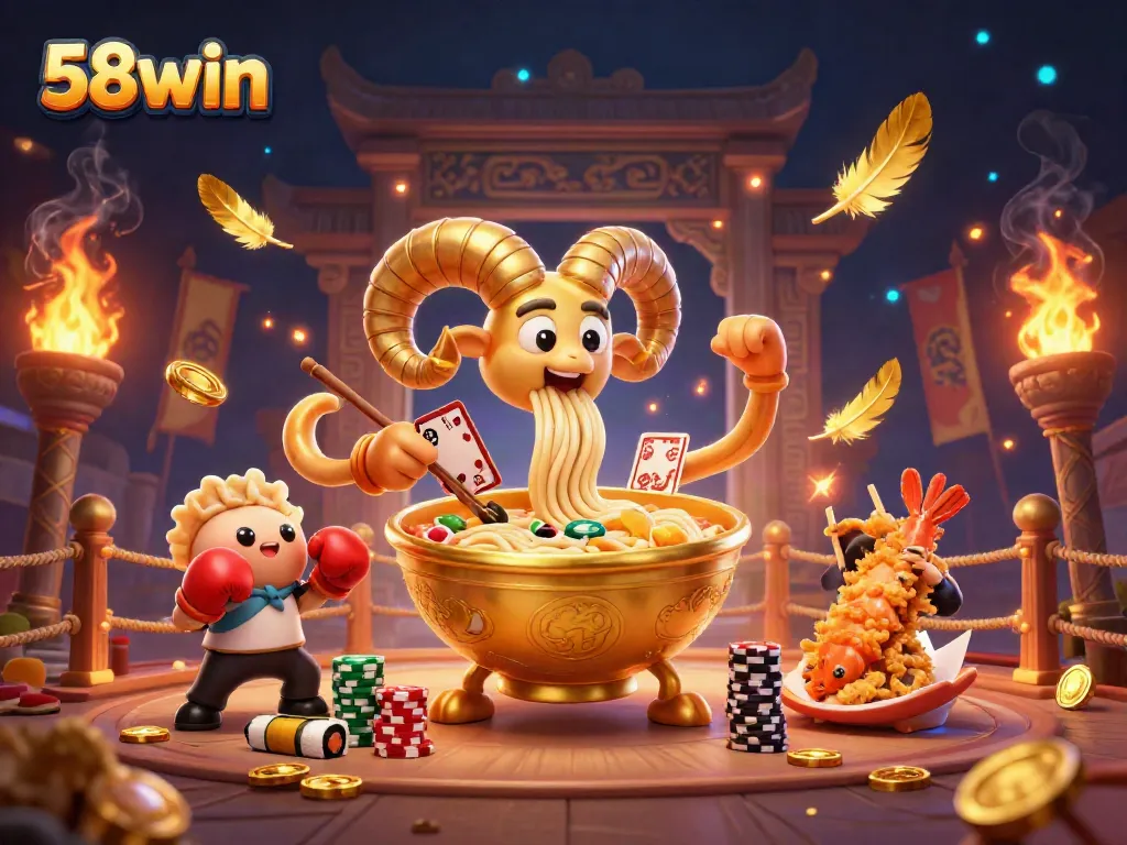 Experience gaming excitement at 58win with a vibrant 3D illustration featuring a golden ramen bowl character.