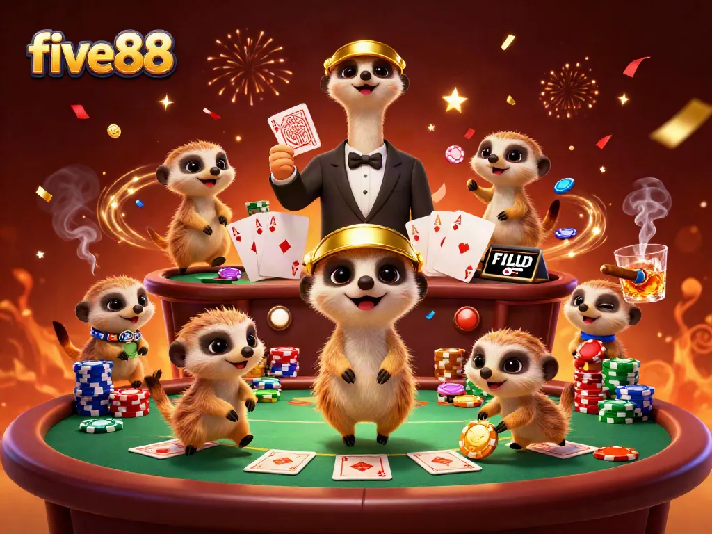 Experience the excitement of five88's vibrant casino with dynamic meerkat characters and thrilling poker action.
