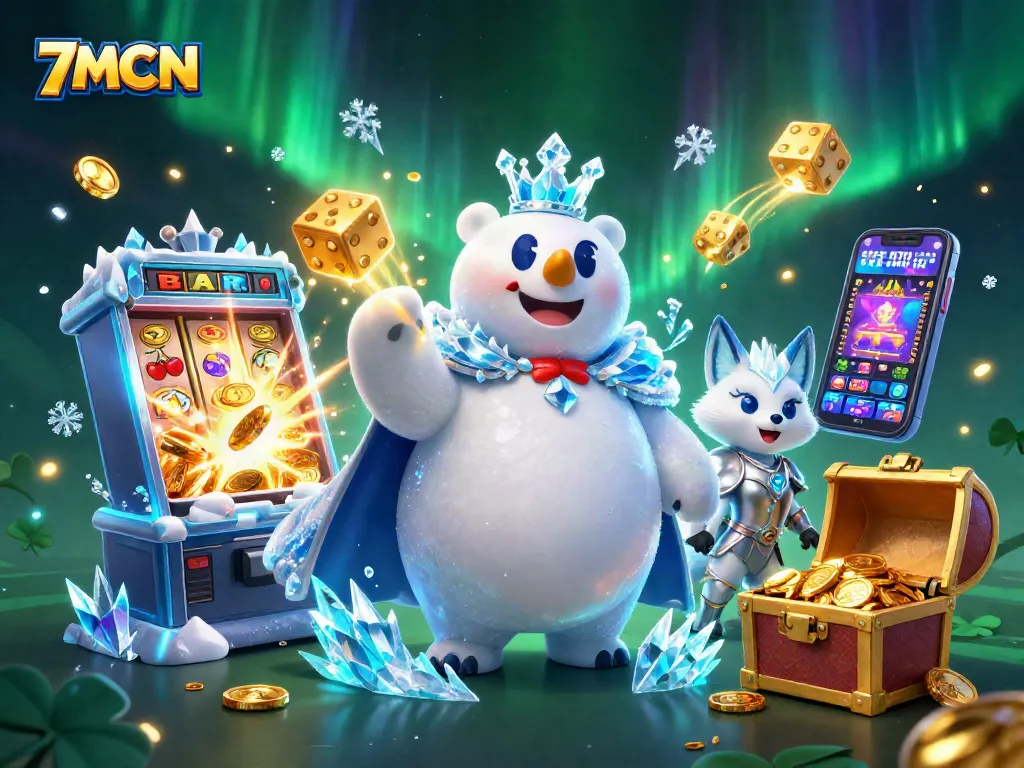 Engage with the thrilling 7MCN experience featuring a cartoon ice king alongside exciting casino symbols.