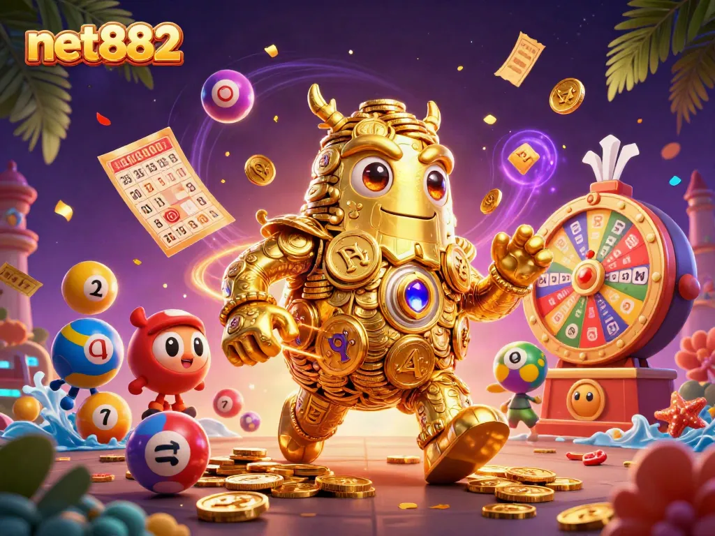 Experience the magic of net882 with dynamic lottery games featuring vibrant balls and gold treasures.
