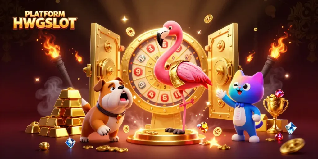 Experience the thrill of PLATFORM HWGSLOT with vibrant characters and dazzling prizes in this casino illustration.