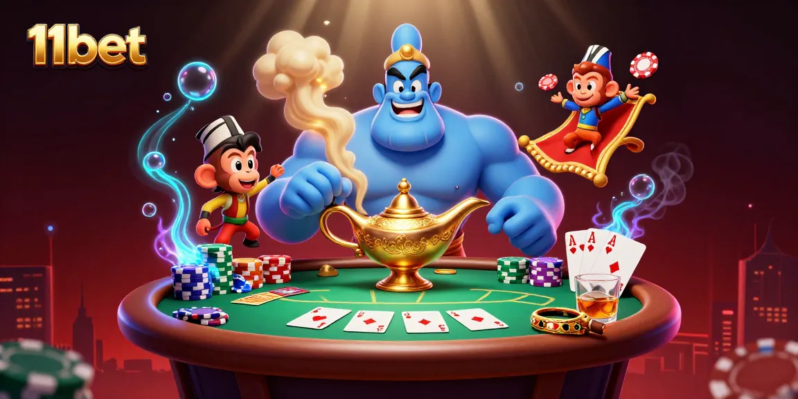 Engage with 11bet's vibrant casino experience featuring a genie, monkey, and poker elements.