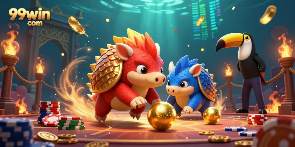 Engage in thrilling casino action with 99win com featuring animated pangolins rolling in poker chips.