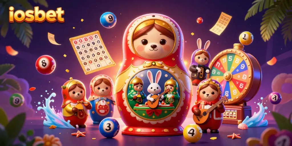 Tunjukkan permainan menarik dalam ilustrasi kasino iosbet dengan beruang Matryoshka dan berbagai elemen permainan.