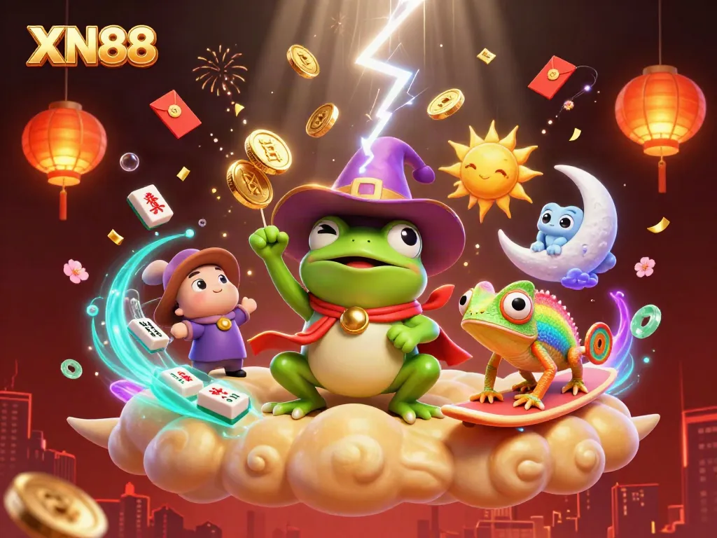 Win big with XN88 in this lively casino scene featuring a wizard frog and chameleon!