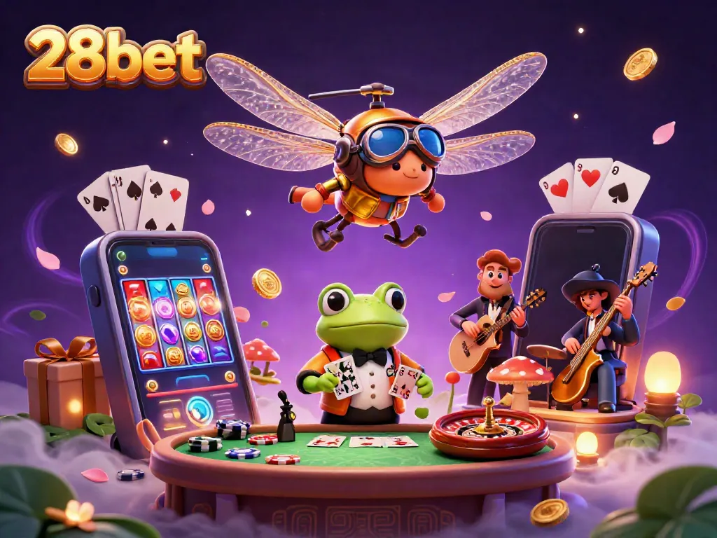 Engage with high-stakes gaming at 28bet, featuring a whimsical dragonfly pilot above a lily pad casino.