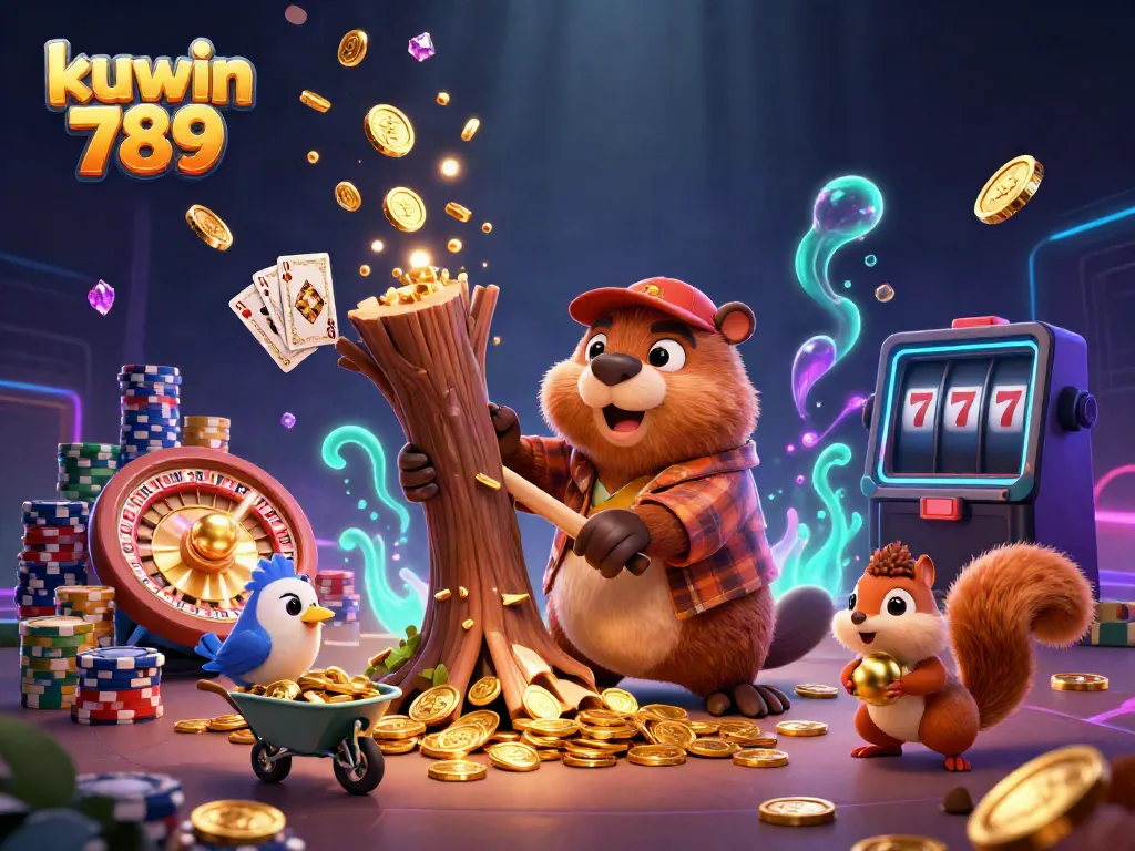 Win big with kuwin 789 as a beaver and friends joyfully gather golden coins in a lively casino scene.