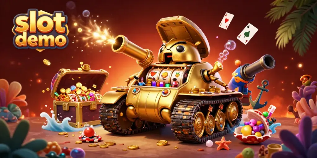 Mainkan slot demo dengan pengalaman kasino mini dalam mobil tank emas 3D berwarna cerah.