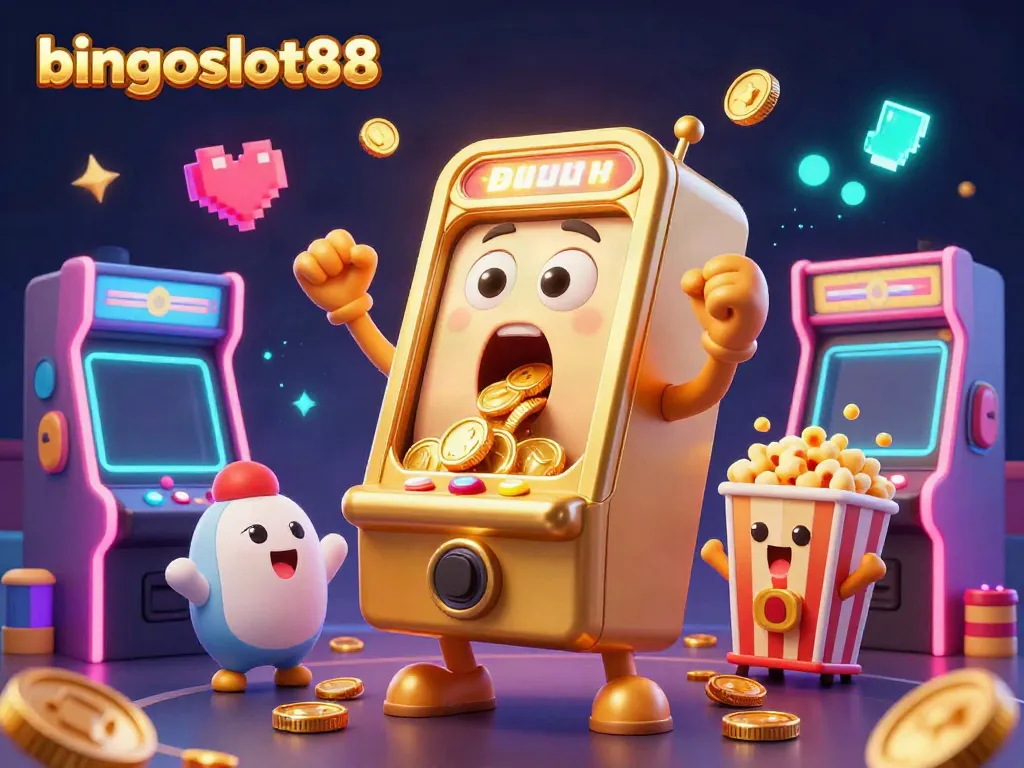 Bingoslot88 menghadirkan ilustrasi mesin slot emas yang terkejut saat jackpot, dikelilingi karakter ceria dan permainan arcade.