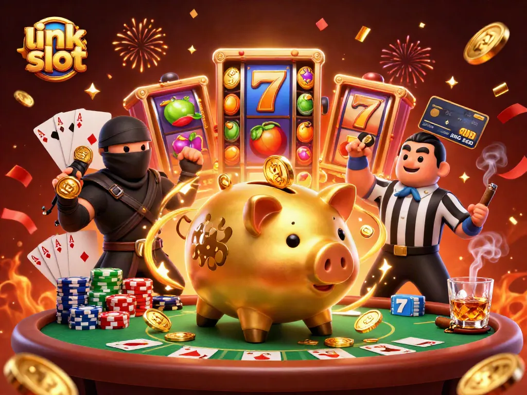 Experience fun with link slot games featuring golden piggy bank sumo wrestler and vibrant casino elements.
