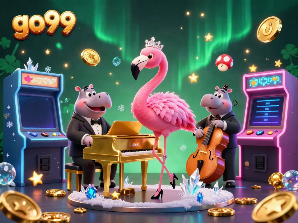 Experience the vibrant atmosphere of go99 with unique 3D casino characters amid glowing game elements.