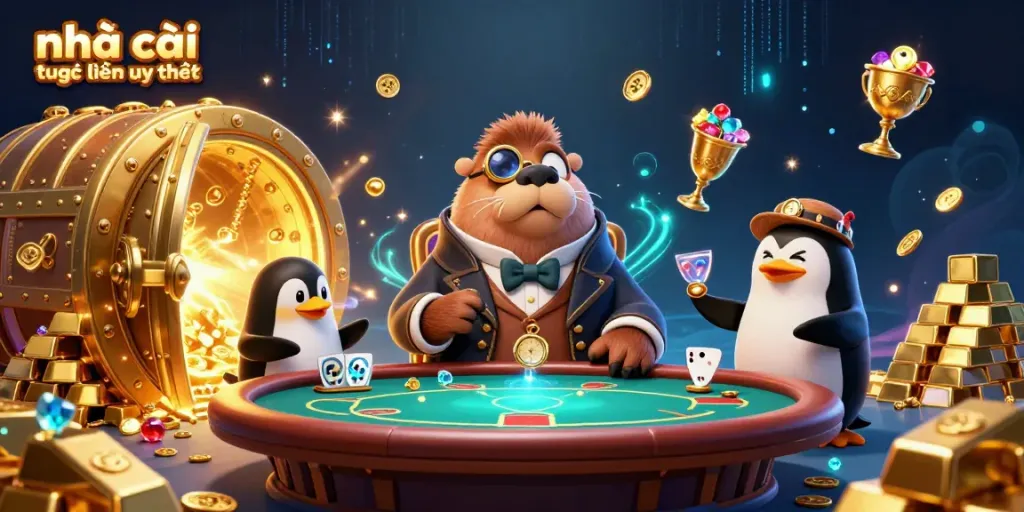 Experience thrilling gambling at nhà cái trực tuyến uy tín, where cartoon characters enjoy an underwater poker game.