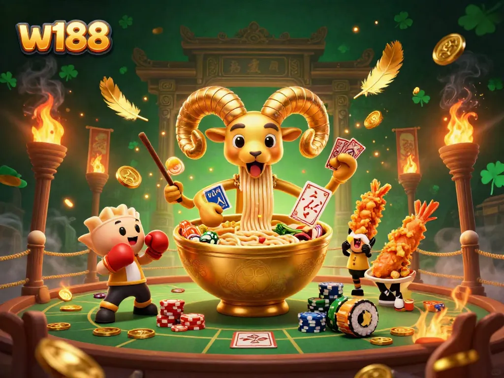 Join the thrilling atmosphere of w188 as our golden ramen bowl character deals cards in a vibrant casino scene.