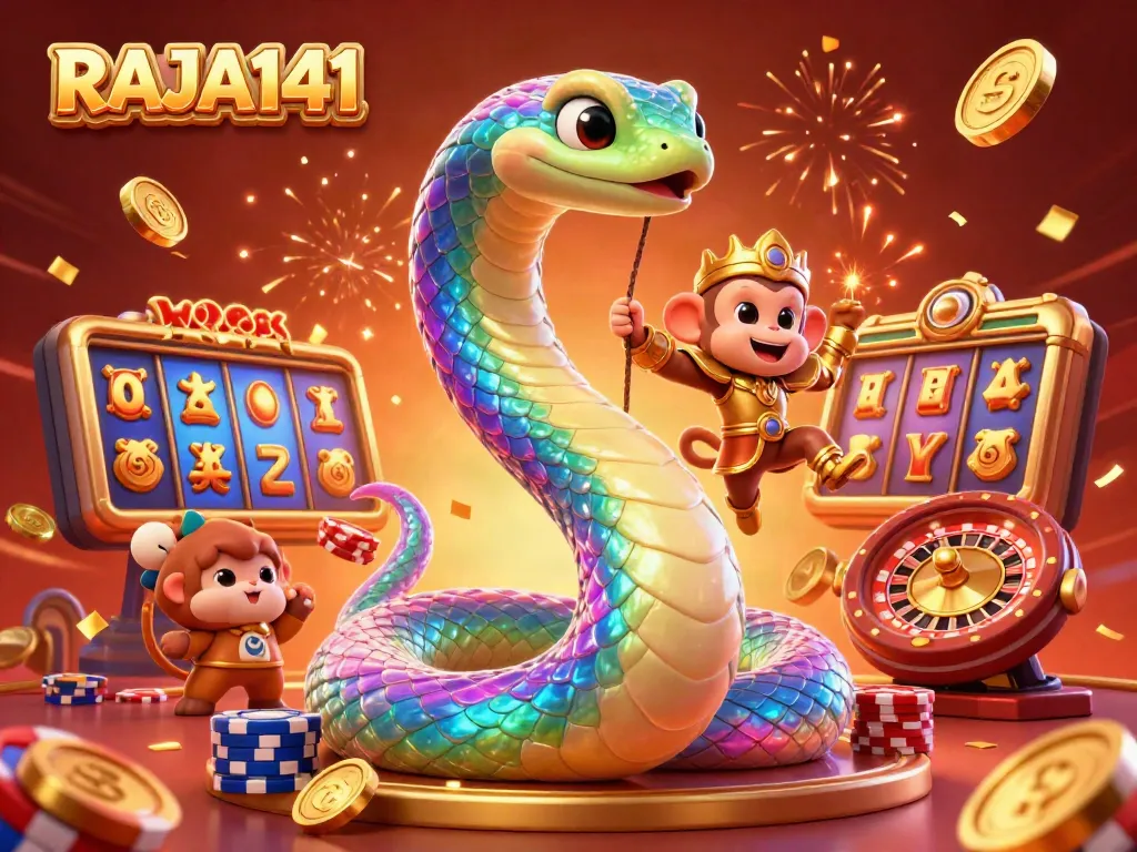Win big with RAJA141 in this vibrant casino scene featuring animated characters and thrilling games.