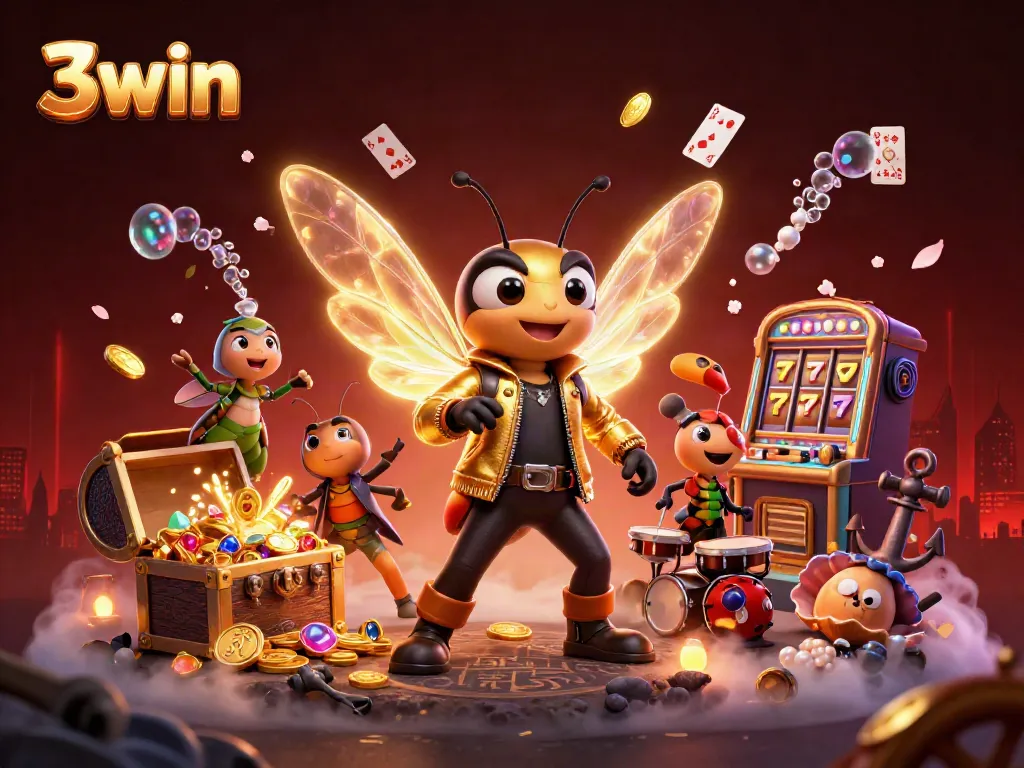 Experience thrilling gameplay at 3win with a vibrant 3D illustration featuring a lively rock star and immersive casino elements.