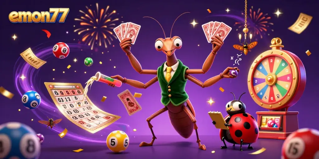 Experience exciting gameplay with emon77 as a giant praying mantis and ladybug host vibrant casino elements.