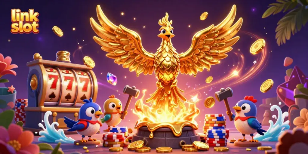 Experience the excitement of link slots with a magical phoenix and vivid casino elements.