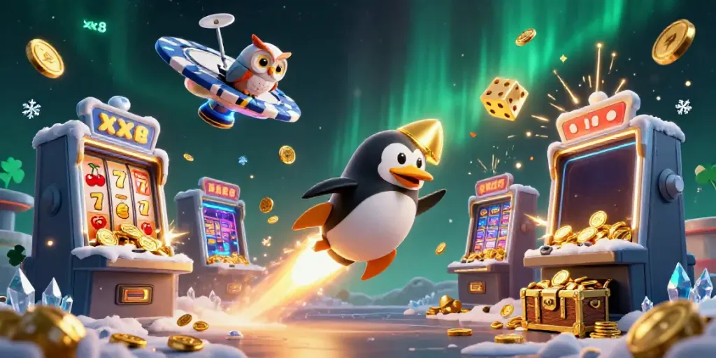 Experience the thrilling galaxy adventure with xx8 as a rocket-powered golden penguin conquers a casino space station.