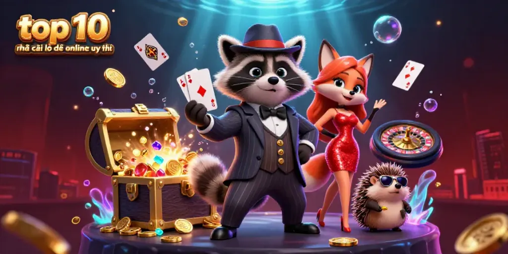 Engaging scene of top 10 nhà cái lô đề online uy tín, showcasing a raccoon, fox, and hedgehog with vibrant casino elements.