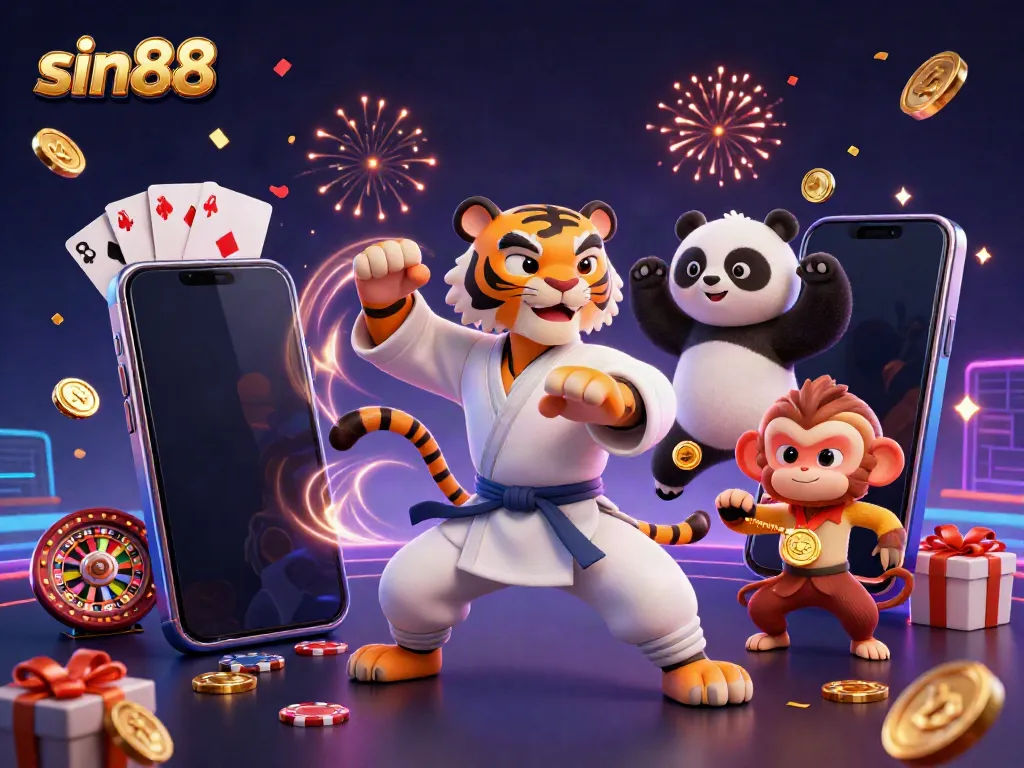 Sweeping view of characters in a playful casino atmosphere, sin88 themed with games and excitement.