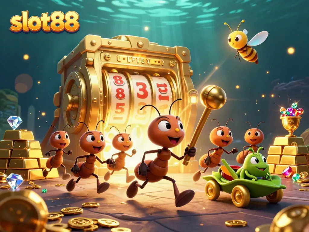 Slot88 menyajikan petualangan seru dengan karakter 3D yang sedang mencuri chip poker raksasa dalam suasana kasino.