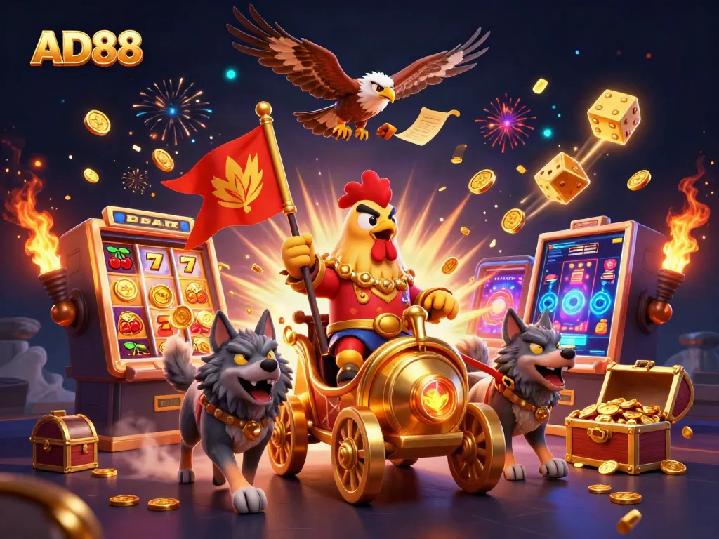Play thrilling games with AD88 as the rooster warlord leads a vibrant casino adventure.