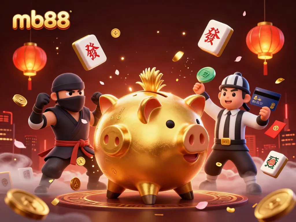 Engaging mb88 casino illustration featuring dynamic characters celebrating with gold coins and excitement.