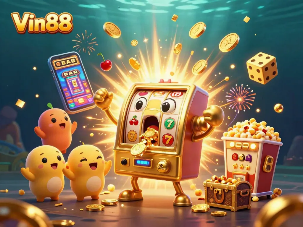 Vin88 jackpot scene with golden slot machine celebrating while coins cascade in a vibrant casino atmosphere.