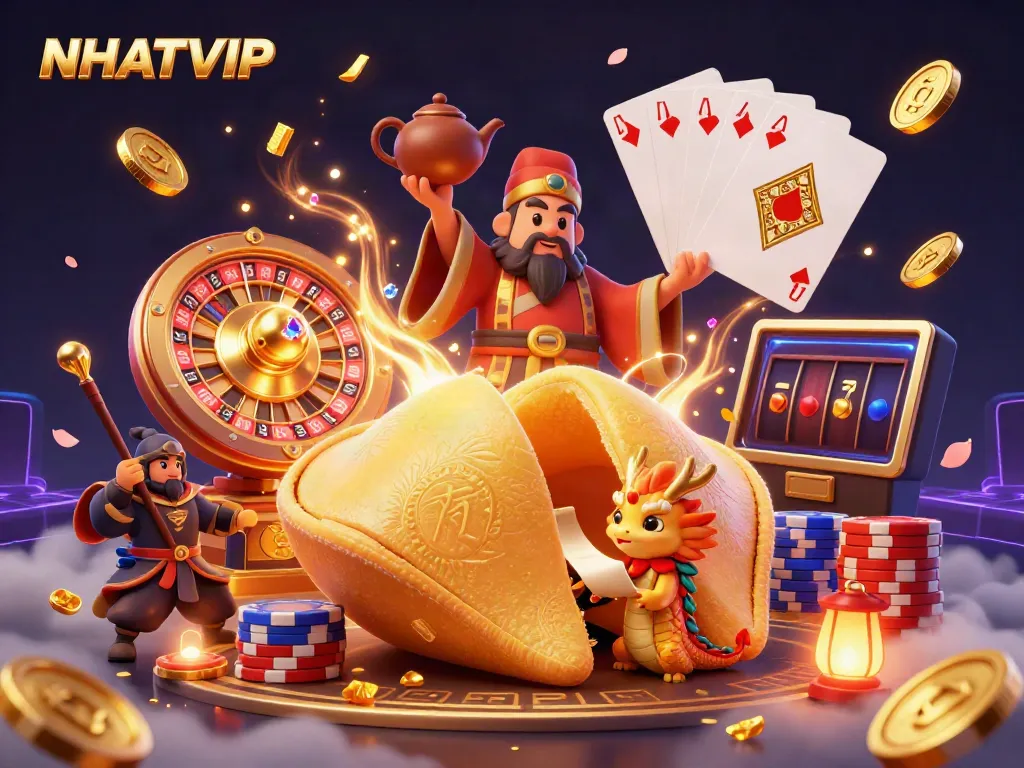 Join NHATVIP for an adventurous slot experience with stunning gold and lucky symbols.