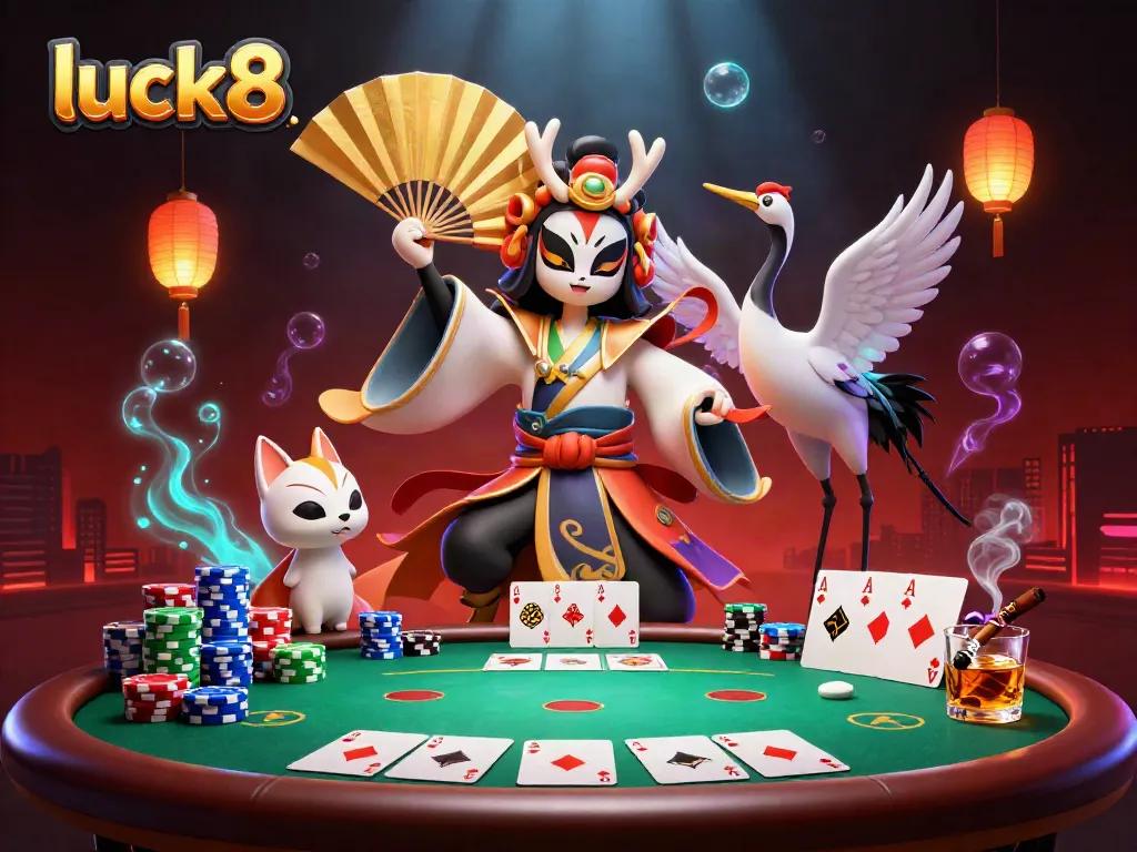 Experience luck8 in a vibrant 3D casino with a kabuki warrior and colorful poker elements.