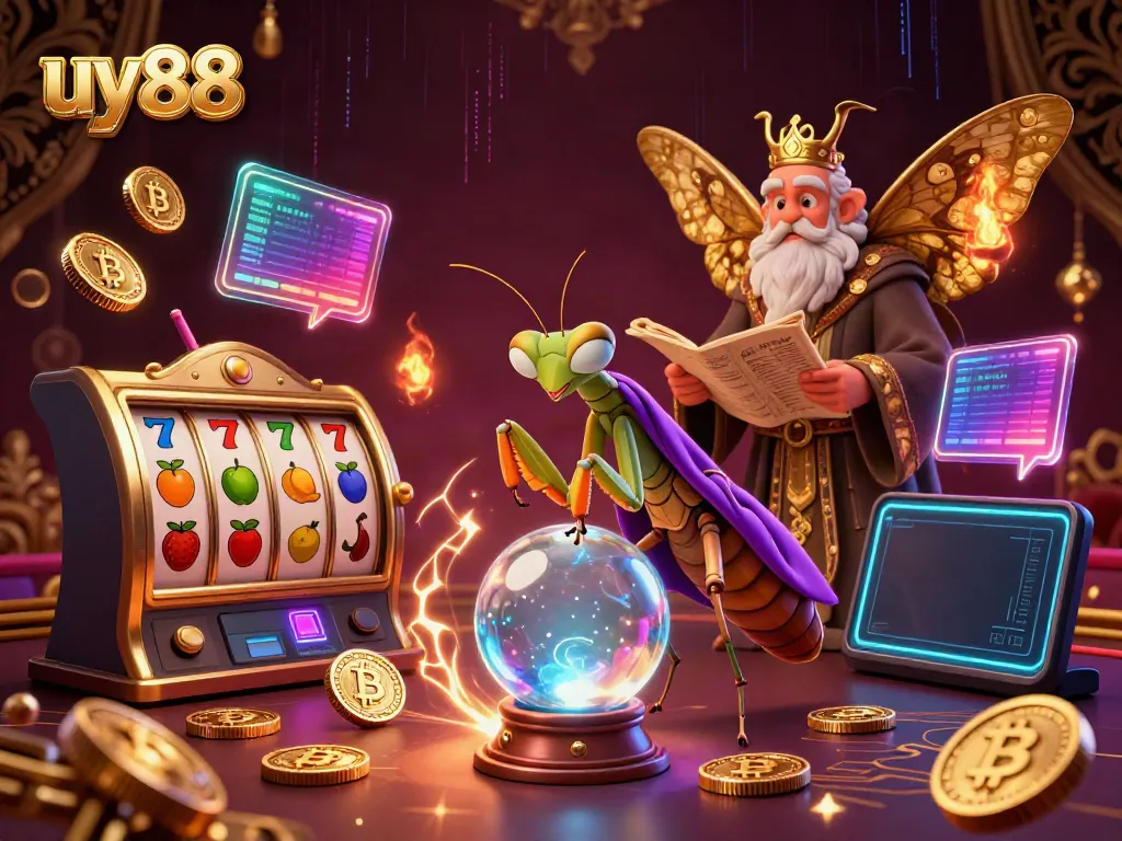 Experience magic with uy88 at this lively casino scene featuring a fortune teller and vibrant gaming elements.