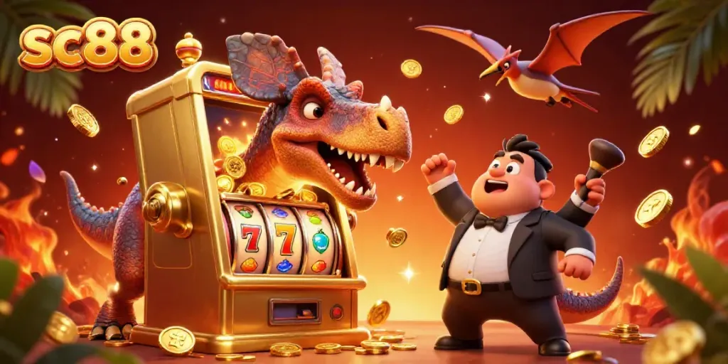 sc88 slot machine jackpot scene with cartoon dinosaurs, vibrant coins, and dynamic gaming elements