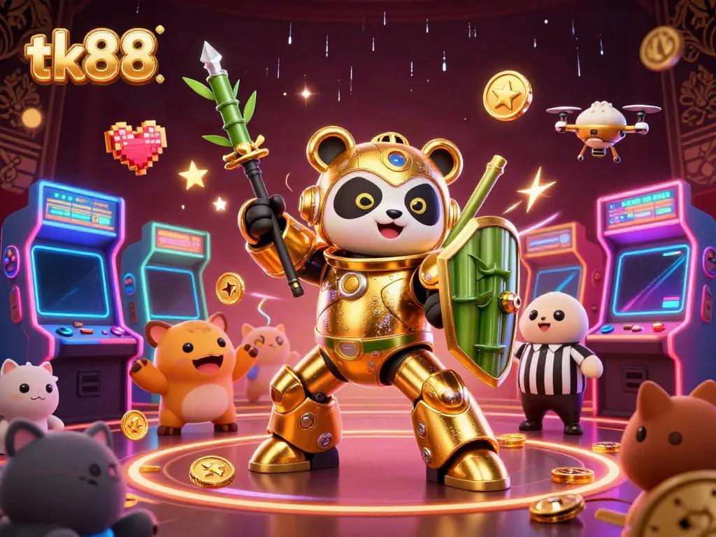 Engage in thrilling action at tk88 with a vibrant casino arena featuring a mech-suit panda and dynamic game elements.