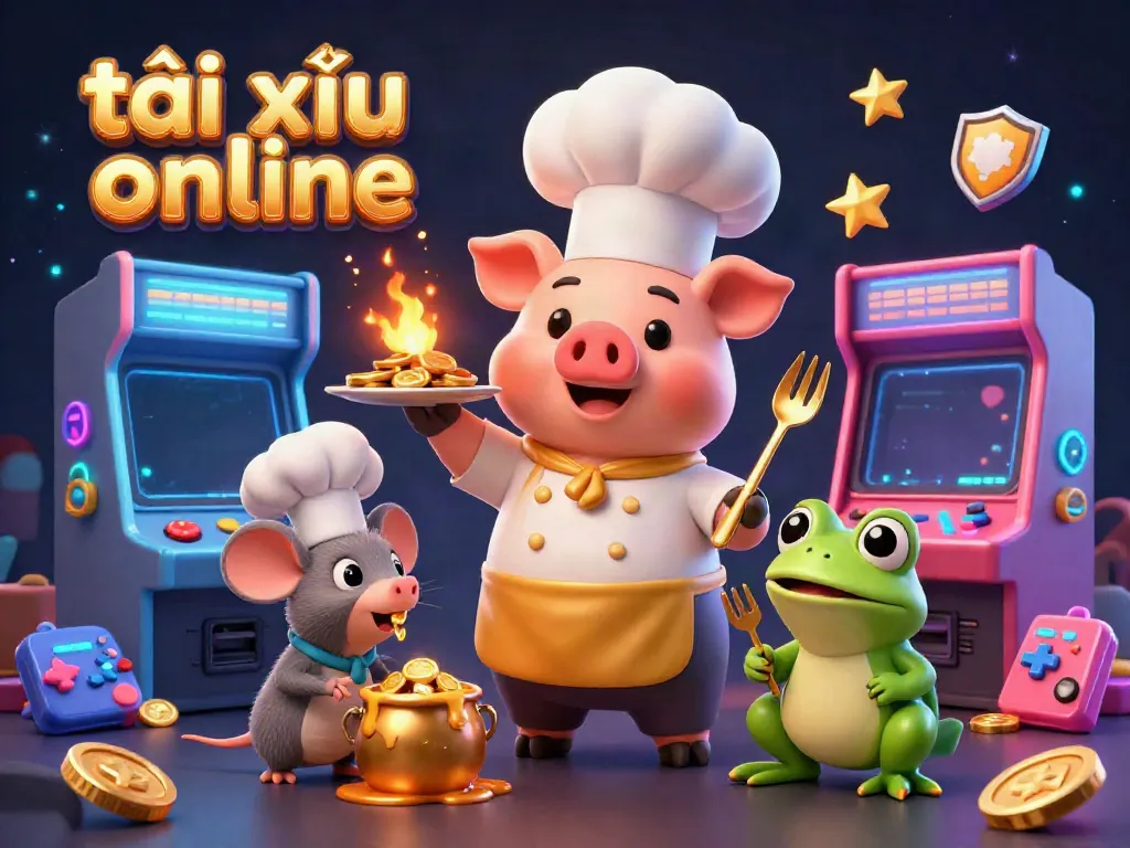 Experience the excitement of tài xỉu online with a vibrant 3D scene of a chef pig serving gold coins, dynamic game elements, and colorful arcade machines.