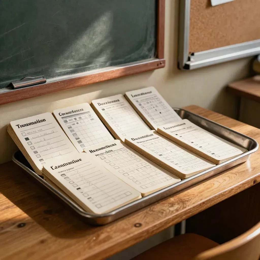 Karty ćwiczeń gramatycznych z metalową tacką i klipami w ciepłym szkolnym kącie