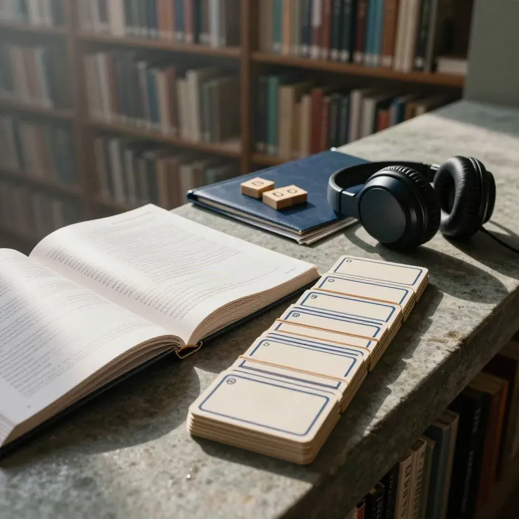 Fiszki, słuchawki i folder egzaminacyjny na kamiennym gzymsie w mrocznym świetle biblioteki