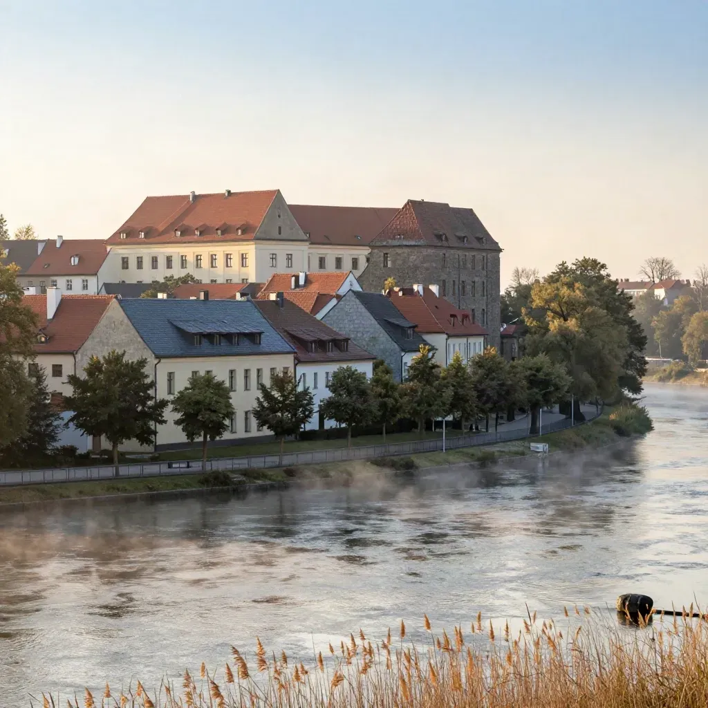 Panorama Mazowsza nad zakolem rzeki, z zabytkowymi dachami i mgłą nad nabrzeżem.