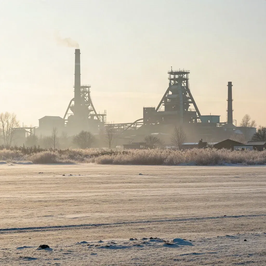 Hazy industrialna panorama Śląska z zimowymi drzewami i pustym, spokojnym pierwszym planem.
