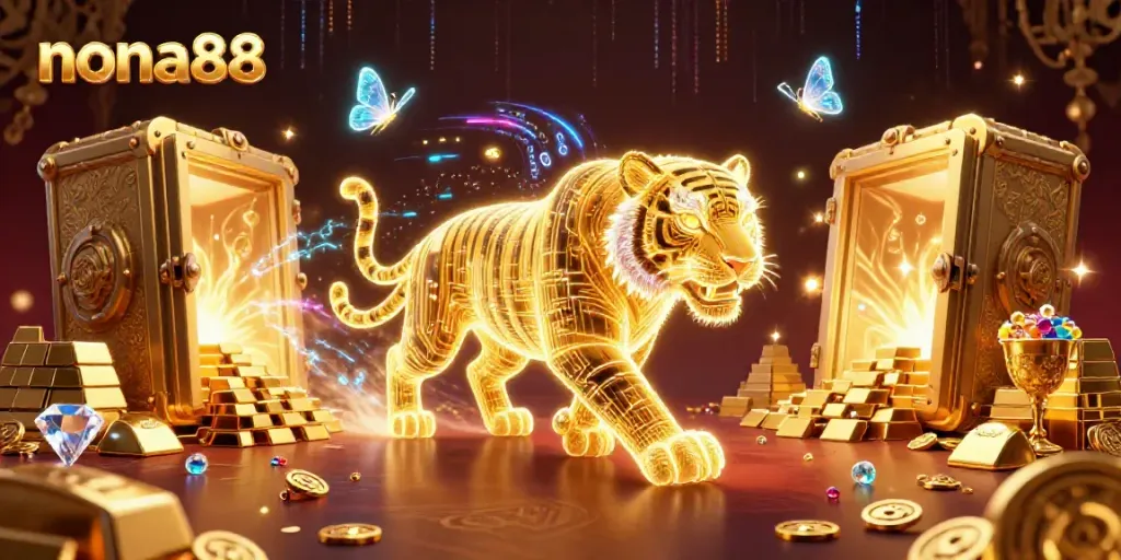 Menangkan hadiah besar di nona88 dengan gambar spektakuler kasino digital yang menampilkan harimau emas neon.