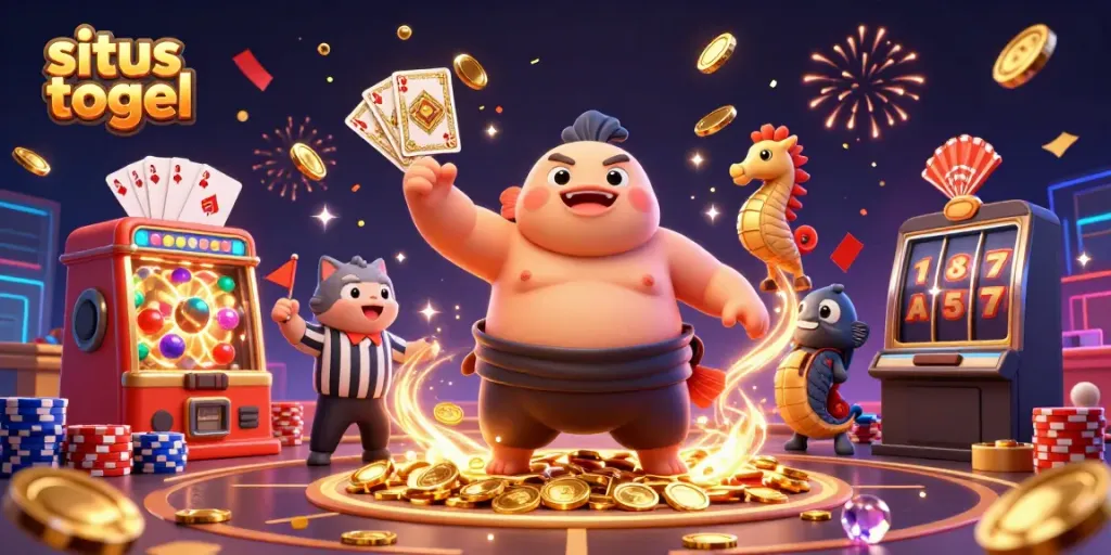 Menangkan angka di situs togel dengan ilustrasi 3D meriah yang menampilkan fugu sumo.