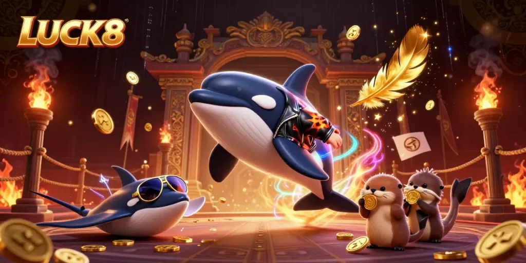 LUCK8 features a vibrant orca, stingray, and otters amidst casino game elements, showcasing thrilling betting action.