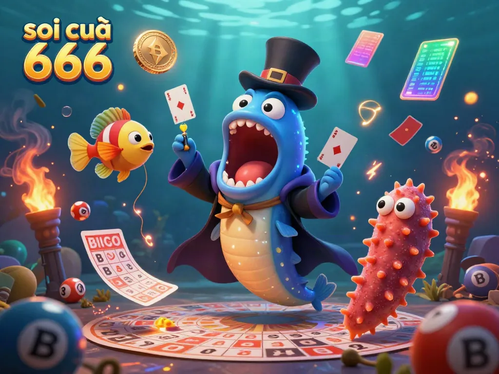 Engage with soi cầu 666 through this vibrant scene of lottery elements and fun characters!